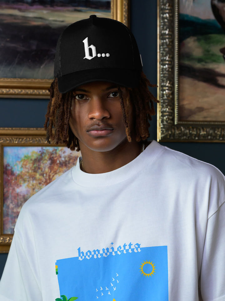 Bonvietta Ellipsis Trucker Hat Model Front View